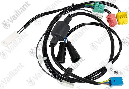 Kabelbaum von Vaillant mit mehreren Anschlusssteckern für die Verbindung elektrischer Komponenten. Enthält verschiedene farbige Kabel und Verbindungen.